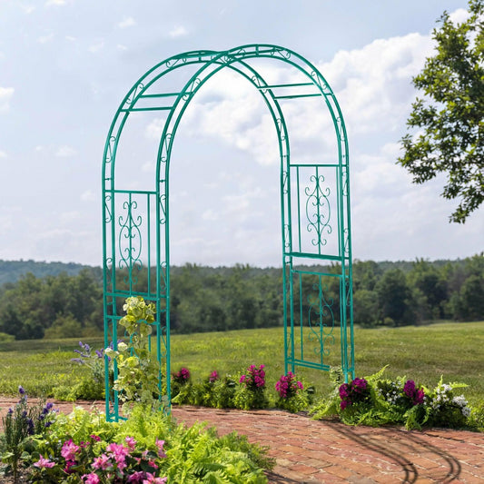 Colored Montebello Scrollwork Metal Garden Arbor, Coastal Blue | Plow & Hearth