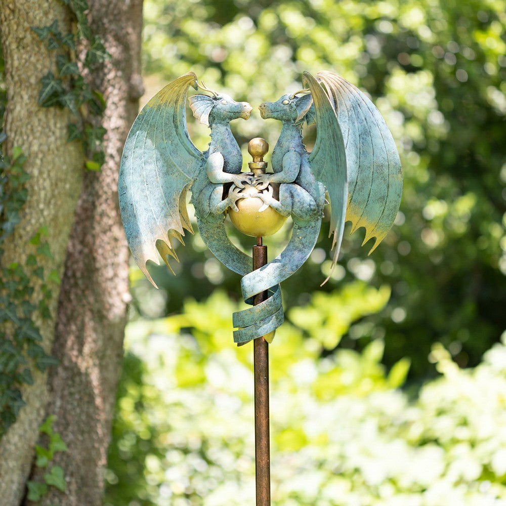 56" Antique Blue Dual Dragon Metal Yard Spinner | Plow & Hearth