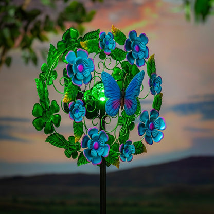 Solar Metal Wind Spinner, Blueflower & Butterfly, 74"H | Plow & Hearth