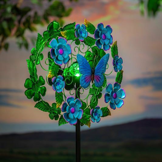 Solar Metal Wind Spinner, Blueflower & Butterfly, 74"H | Plow & Hearth