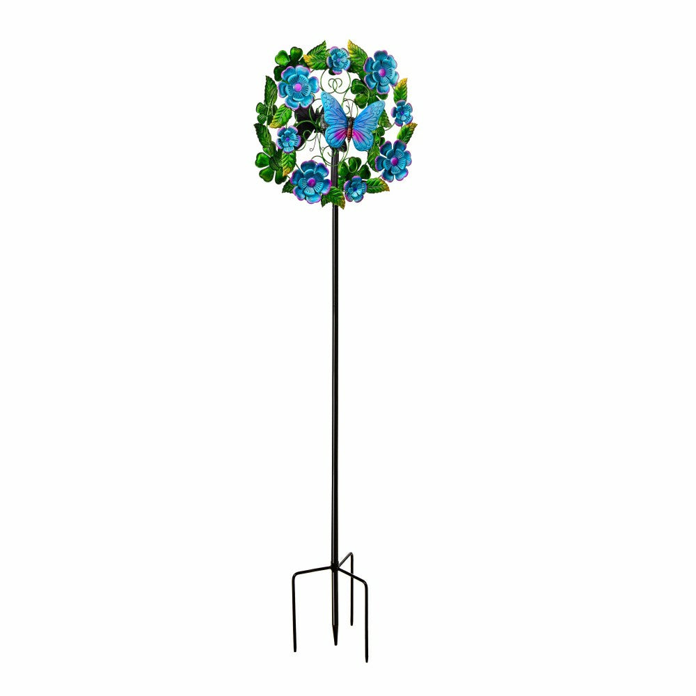 Solar Metal Wind Spinner, Blueflower & Butterfly, 74"H | Plow & Hearth