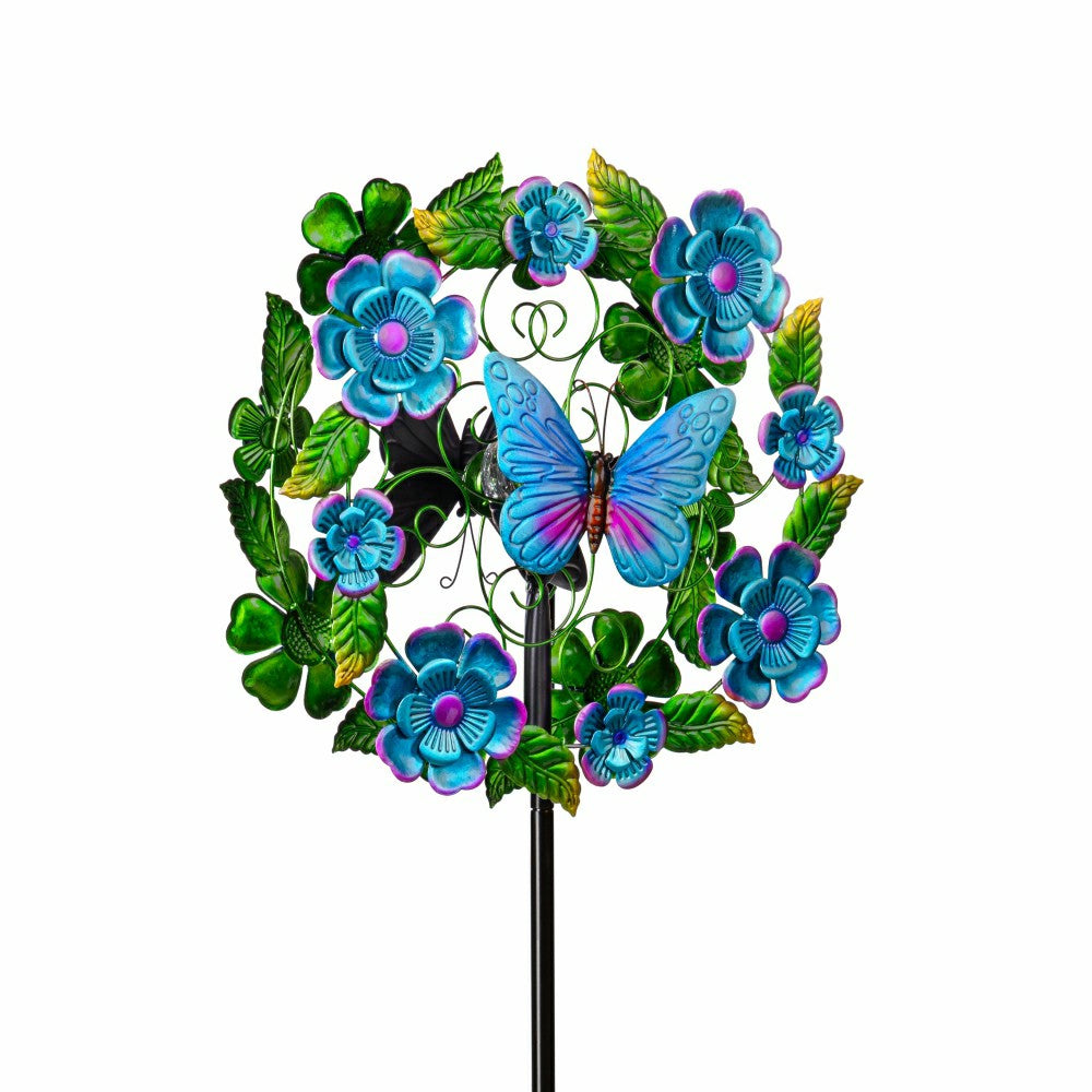 Solar Metal Wind Spinner, Blueflower & Butterfly, 74"H | Plow & Hearth