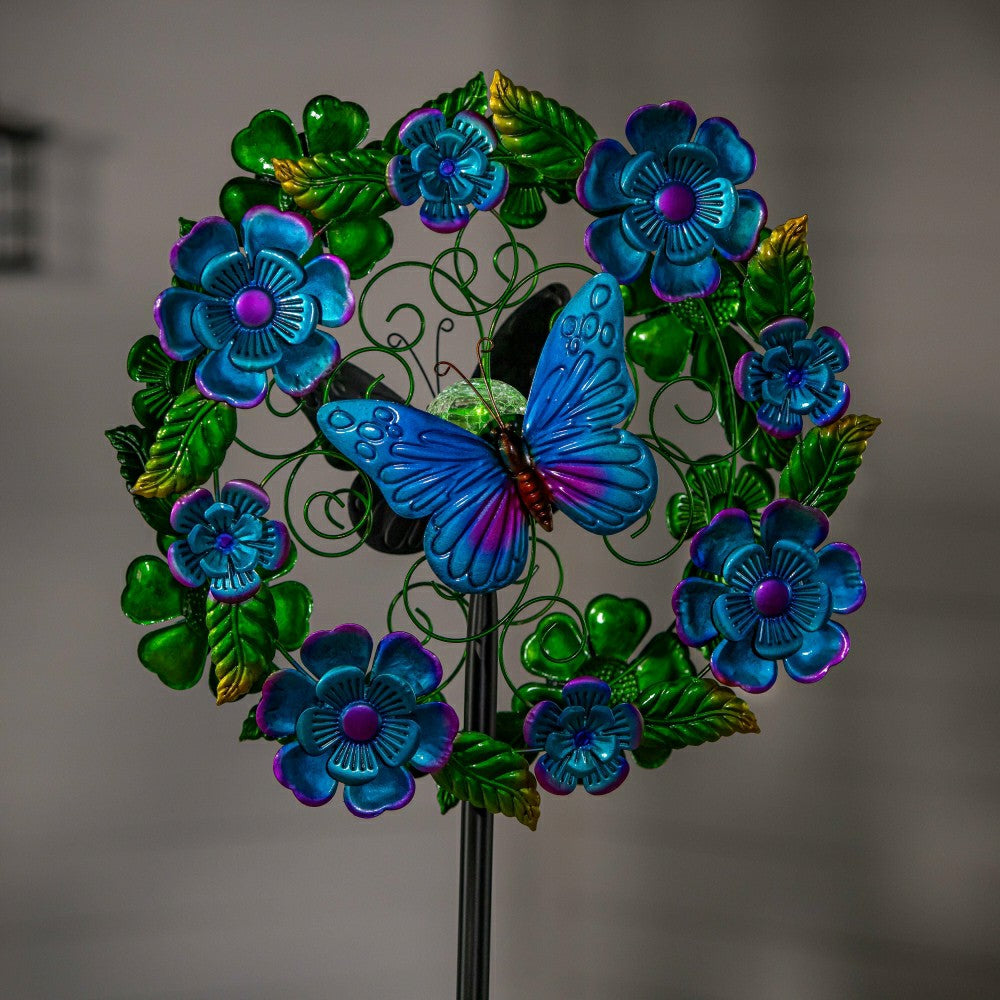 Solar Metal Wind Spinner, Blueflower & Butterfly, 74"H | Plow & Hearth