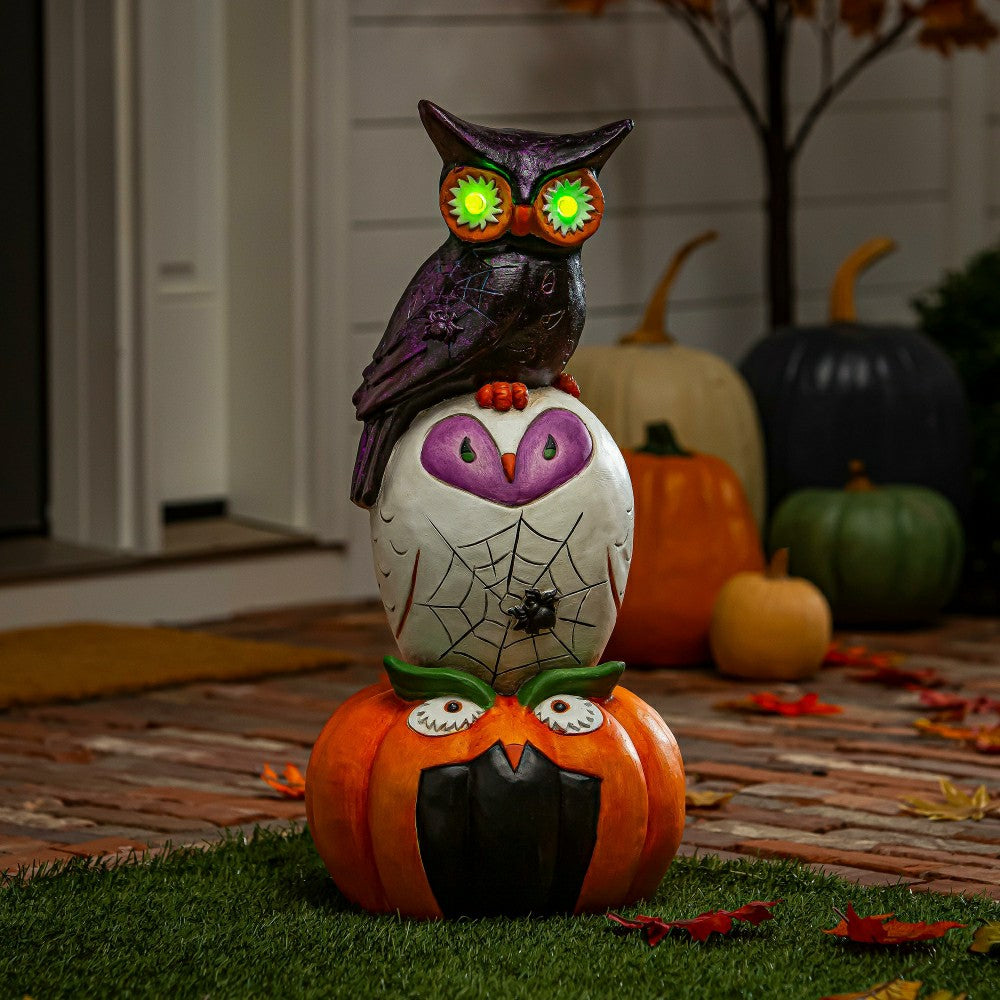 Stacked Owl and Jack O'Lantern Pumpkin LED Statue, 24"H | Plow & Hearth