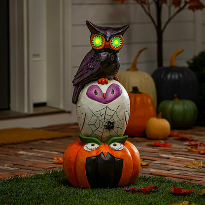 Stacked Owl and Jack O'Lantern Pumpkin LED Statue, 24"H | Plow & Hearth