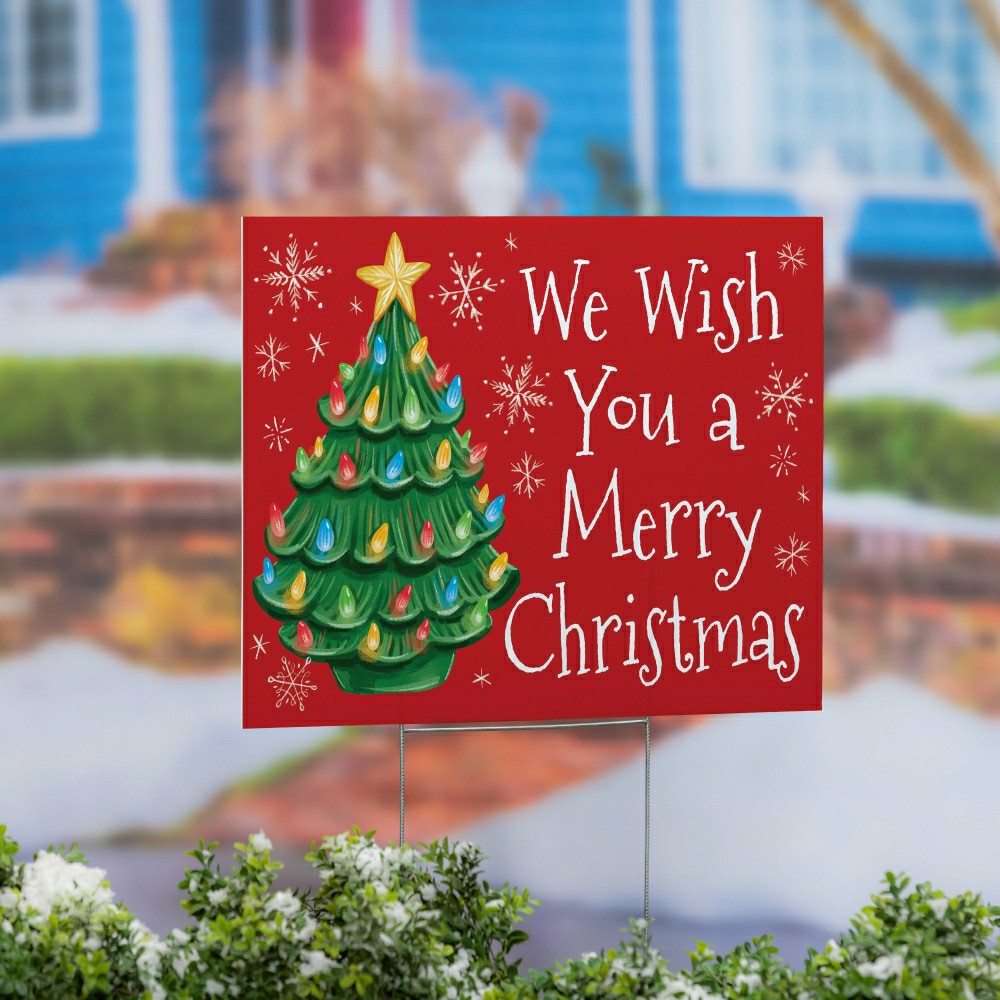 Christmas Tree COROPLAST Yard Sign, "WE WISH YOU A MERRY CHRISTMAS", , 24"x18" | Plow & Hearth
