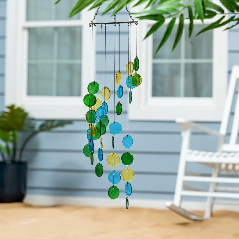 Blue Coastal Wind Chime, Glass & Metal, Hanging Circles | Plow & Hearth
