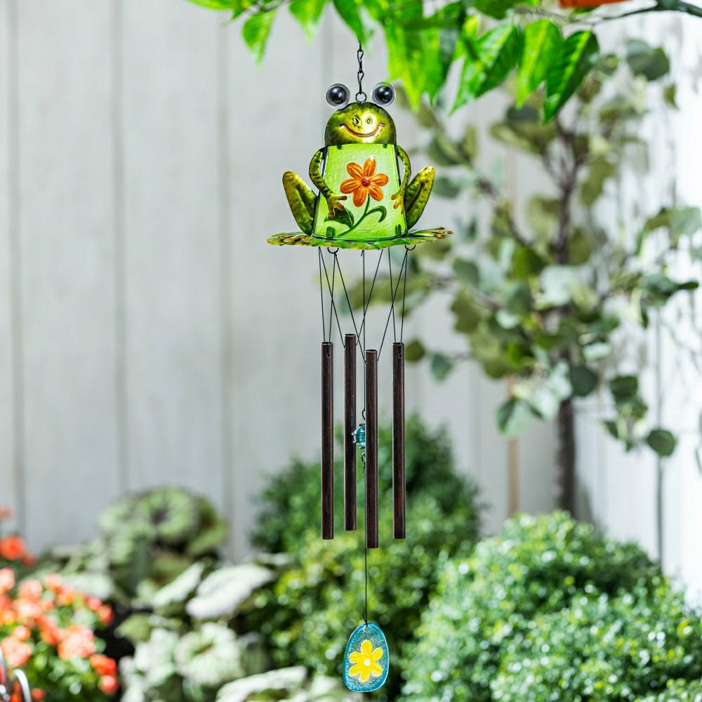 Pollinator Garden Wind Chime, Metal & Glass, Frog with Flower | Plow & Hearth
