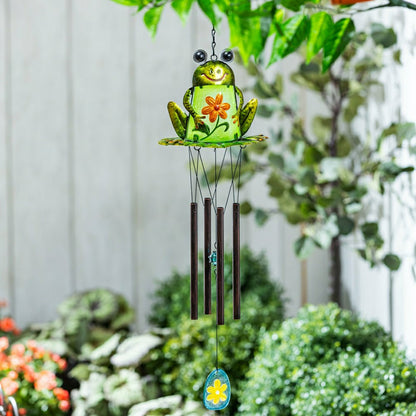 Pollinator Garden Wind Chime, Metal & Glass, Frog with Flower | Plow & Hearth
