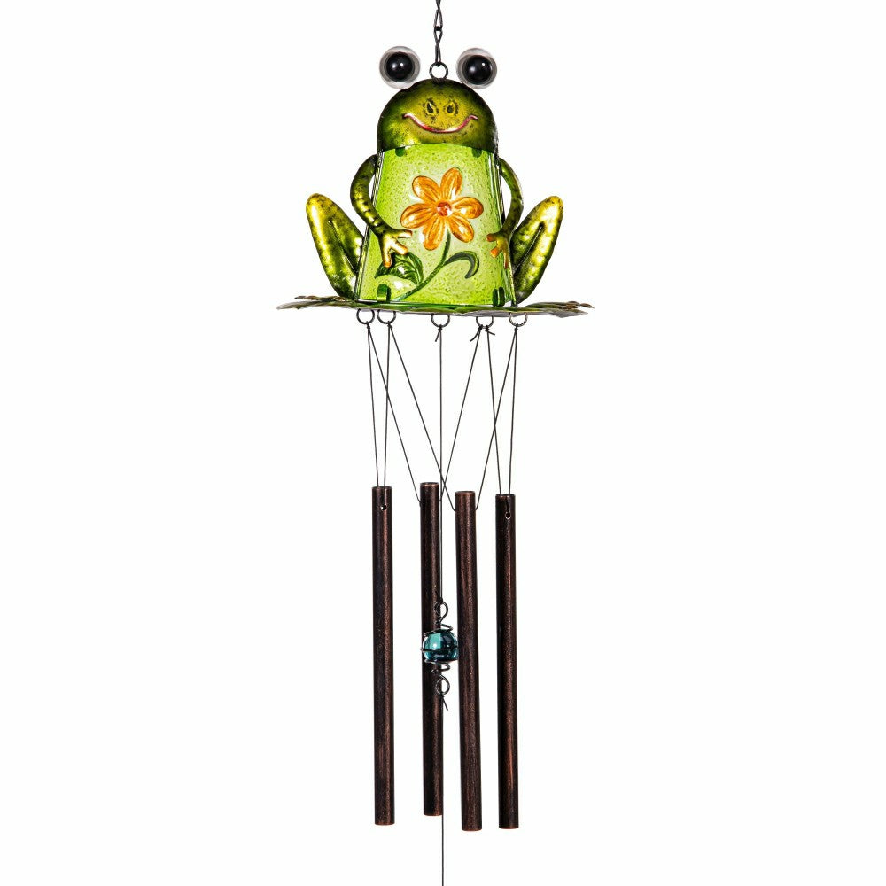 Pollinator Garden Wind Chime, Metal & Glass, Frog with Flower | Plow & Hearth