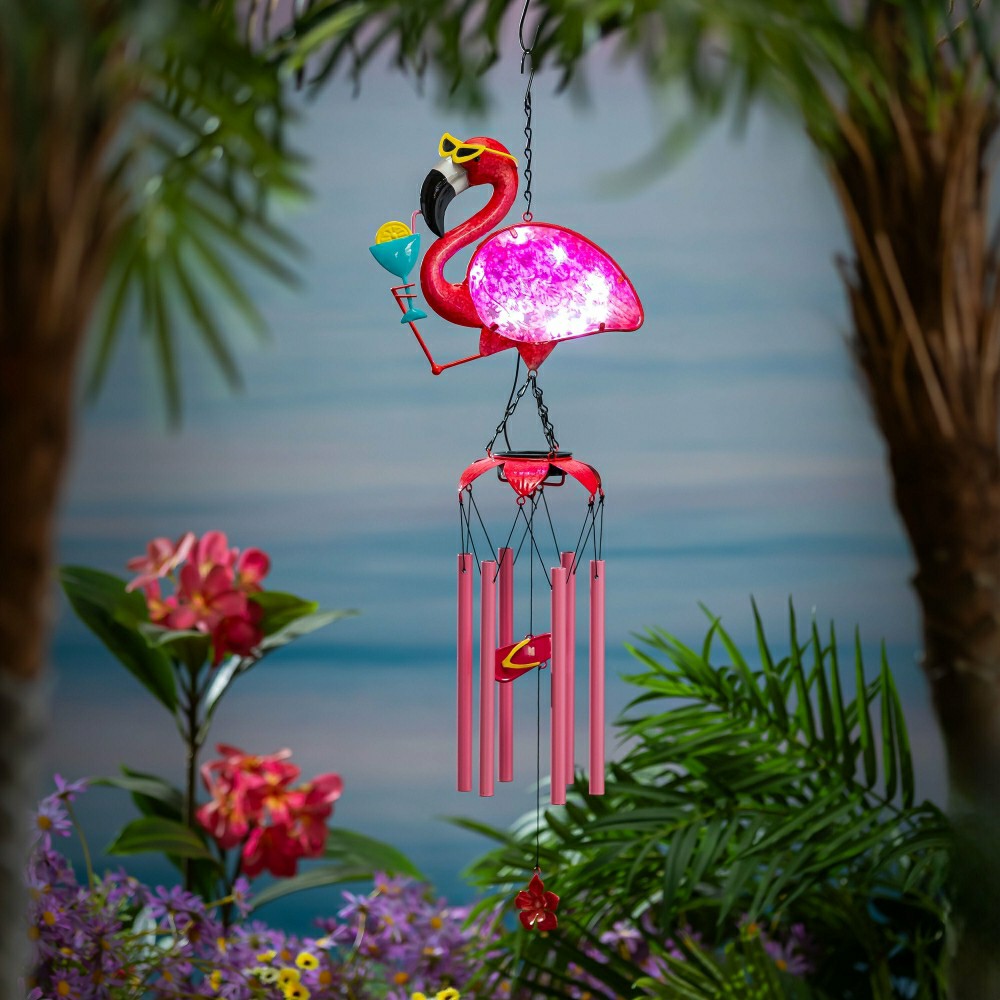 Tropical Oasis Wind Chime, Metal Flutter Flamingo, 38" | Plow & Hearth