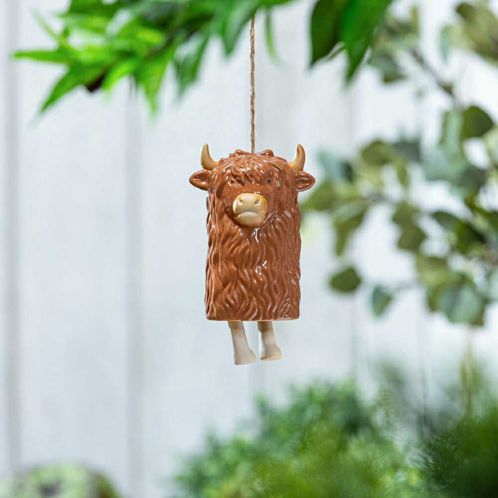 Petal & Plow Garden Bell, Ceramic, Highland Cow with Jute Rope | Plow & Hearth