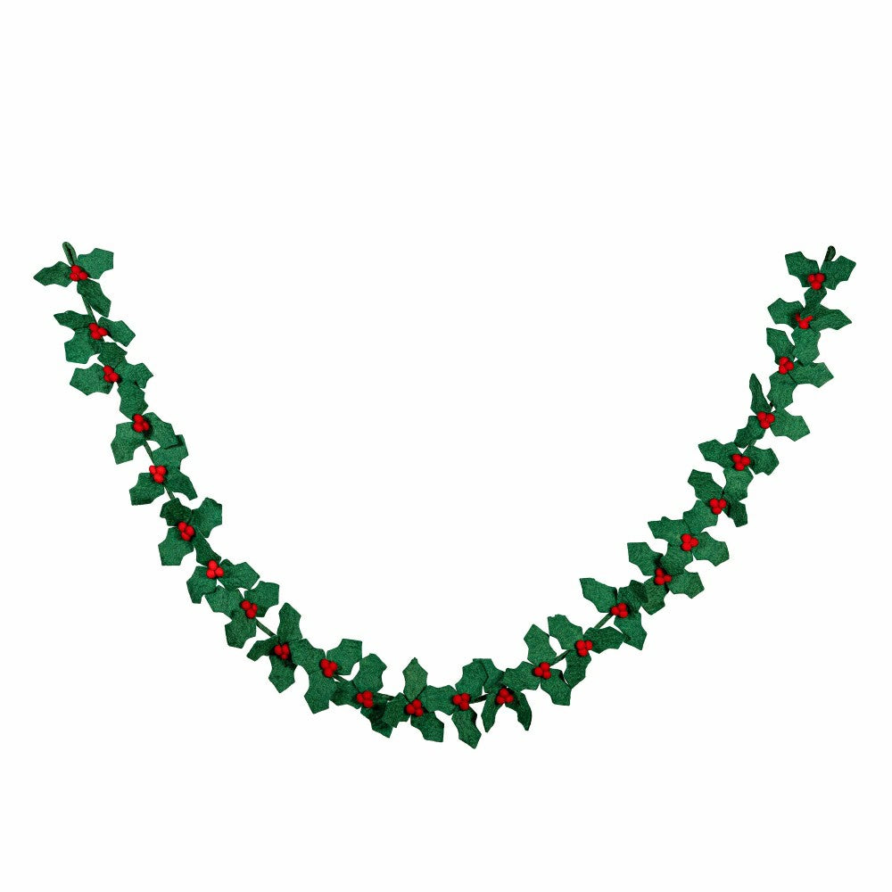 Holiday Poinsettia Garland Holly and Berries Fabric, 75"L | Plow & Hearth