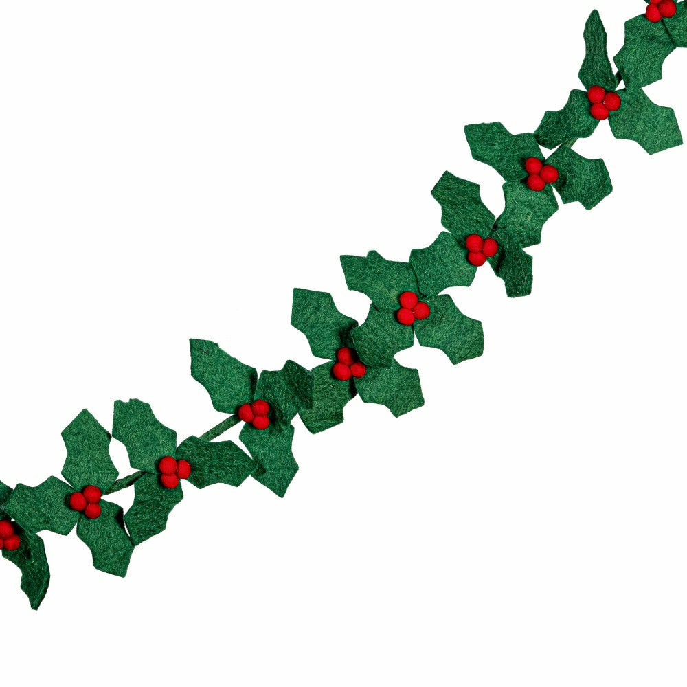 Holiday Poinsettia Garland Holly and Berries Fabric, 75"L | Plow & Hearth