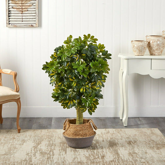 Schefflera Artificial Tree in Cotton & Jute Gray Planter, 4’ | Plow & Hearth