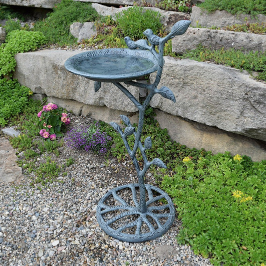 Cast Aluminum 33-in Metal Bird Bath with Branch and Two Birds | Plow & Hearth