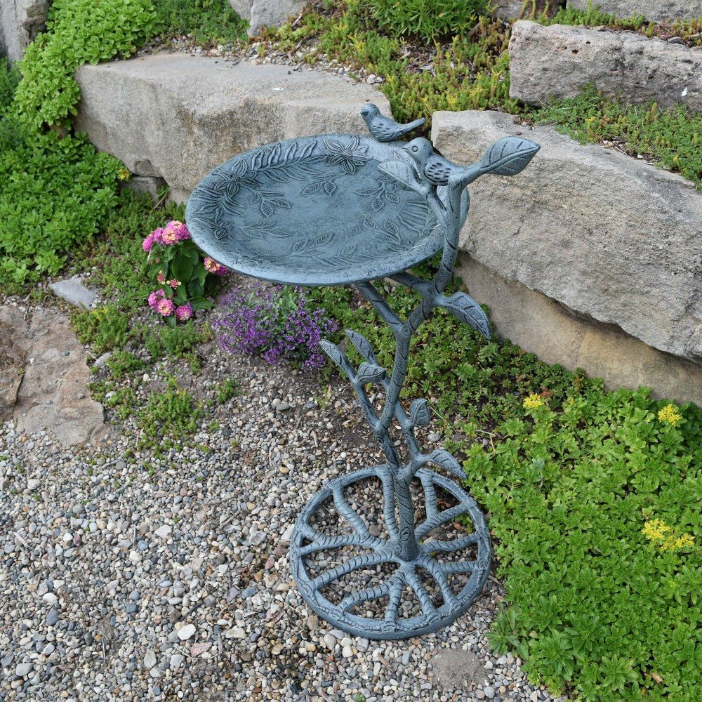 Cast Aluminum 33-in Metal Bird Bath with Branch and Two Birds | Plow & Hearth