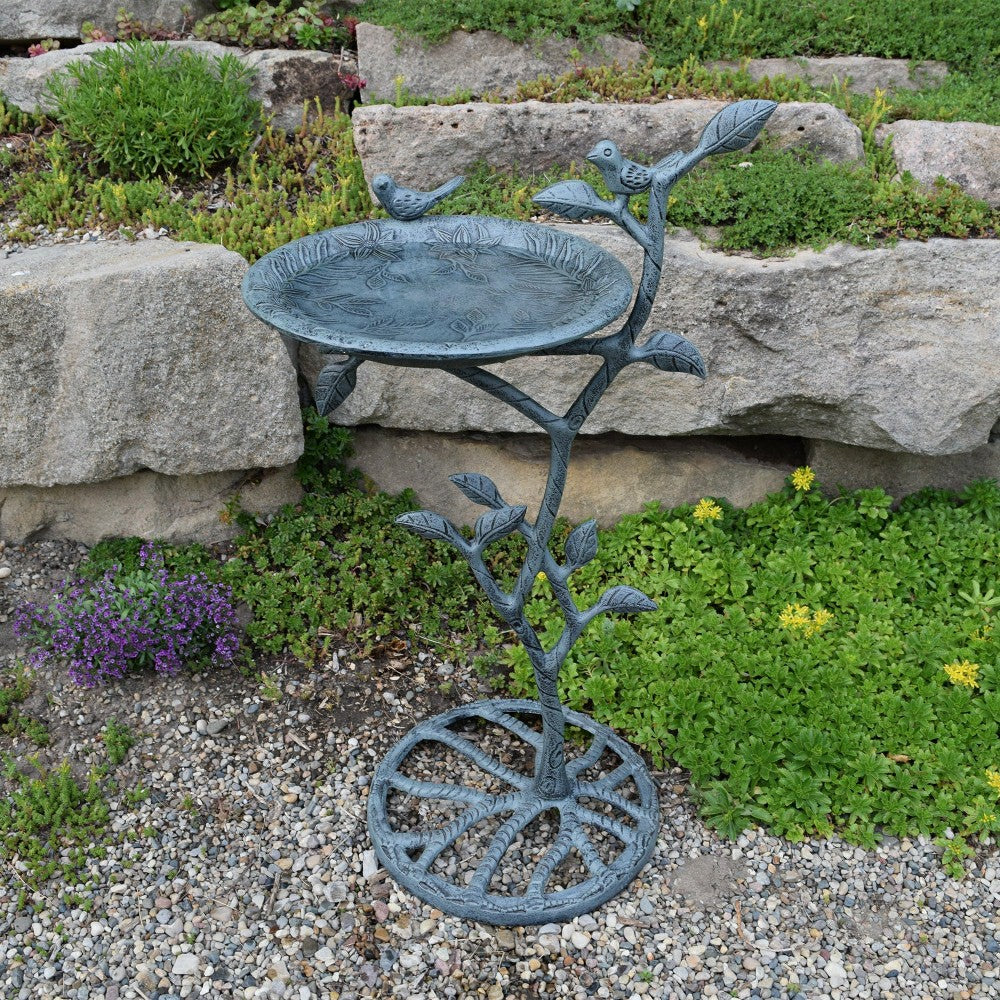 Cast Aluminum 33-in Metal Bird Bath with Branch and Two Birds | Plow & Hearth