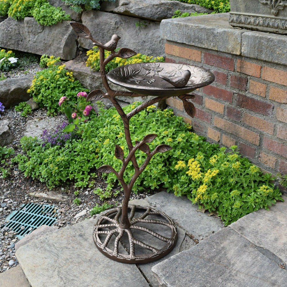 Cast Aluminum 33-in Metal Bird Bath with Branch and Two Birds | Plow & Hearth