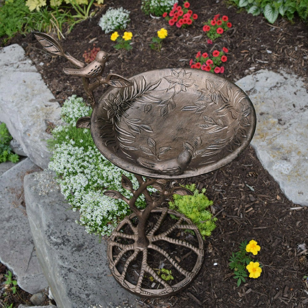 Cast Aluminum 33-in Metal Bird Bath with Branch and Two Birds | Plow & Hearth