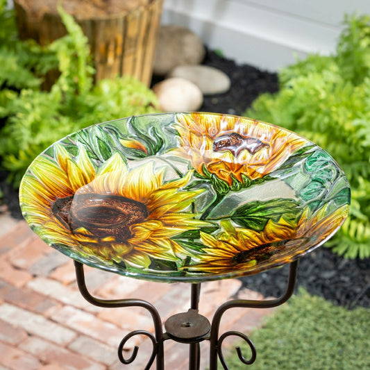Petal and Plow Birdbath, Multi Sunflower Glass Birdbath, 18" | Plow & Hearth