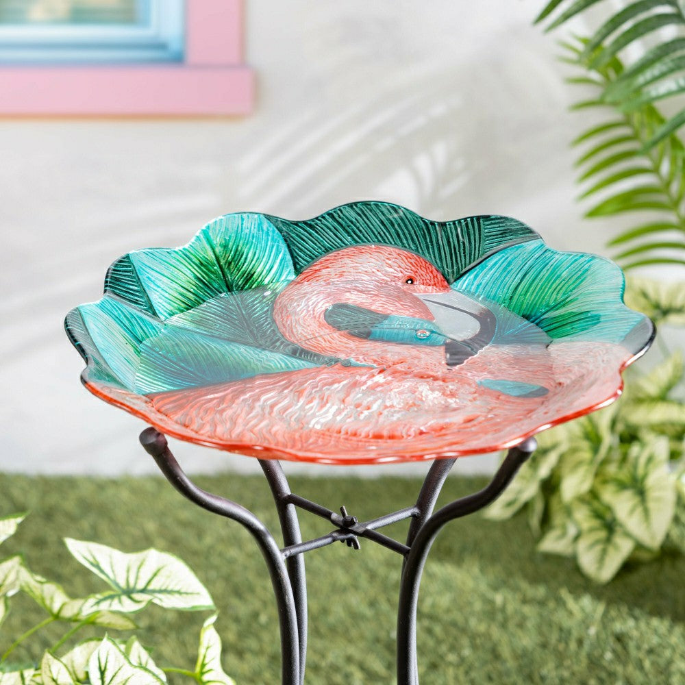 Palm Beach Birdbath, Flamingo Scalloped Edge Glass Birdbath, 18" | Plow & Hearth