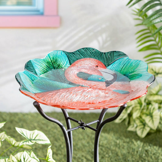 Palm Beach Birdbath, Flamingo Scalloped Edge Glass Birdbath, 18" | Plow & Hearth