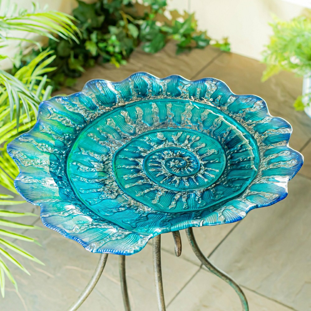 Blue Coastal Birdbath, Shell Glass Birdbath, 18" | Plow & Hearth