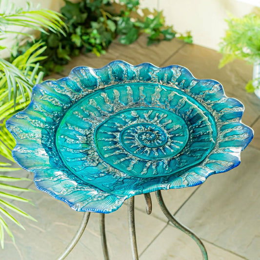 Blue Coastal Birdbath, Shell Glass Birdbath, 18" | Plow & Hearth