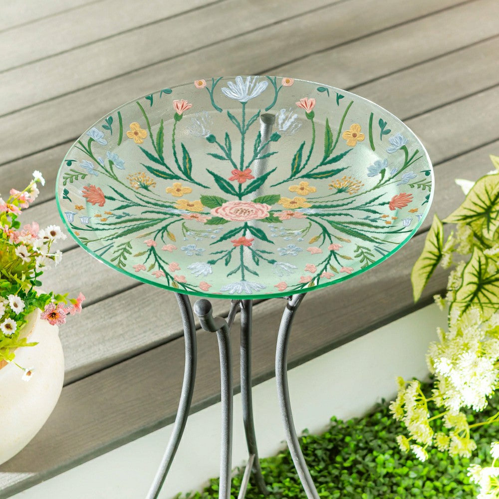What She Shed Birdbath, Glass Folk Art Floral, 18" | Plow & Hearth