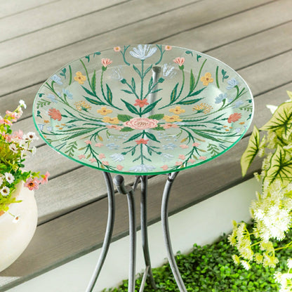 What She Shed Birdbath, Glass Folk Art Floral, 18" | Plow & Hearth