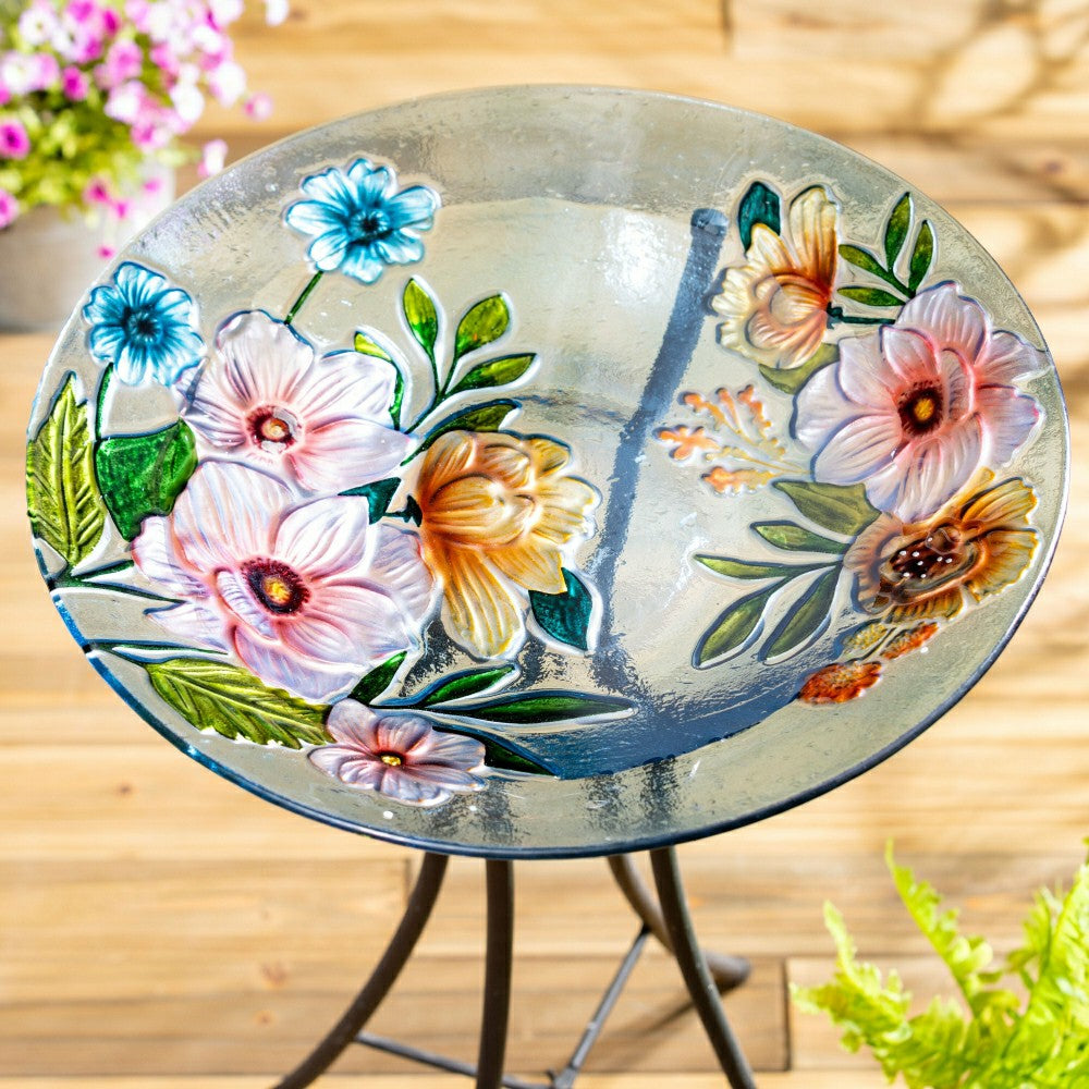 Petal and Plow Birdbath, Farmhouse Flowers Glass Birdbath, 18" | Plow & Hearth