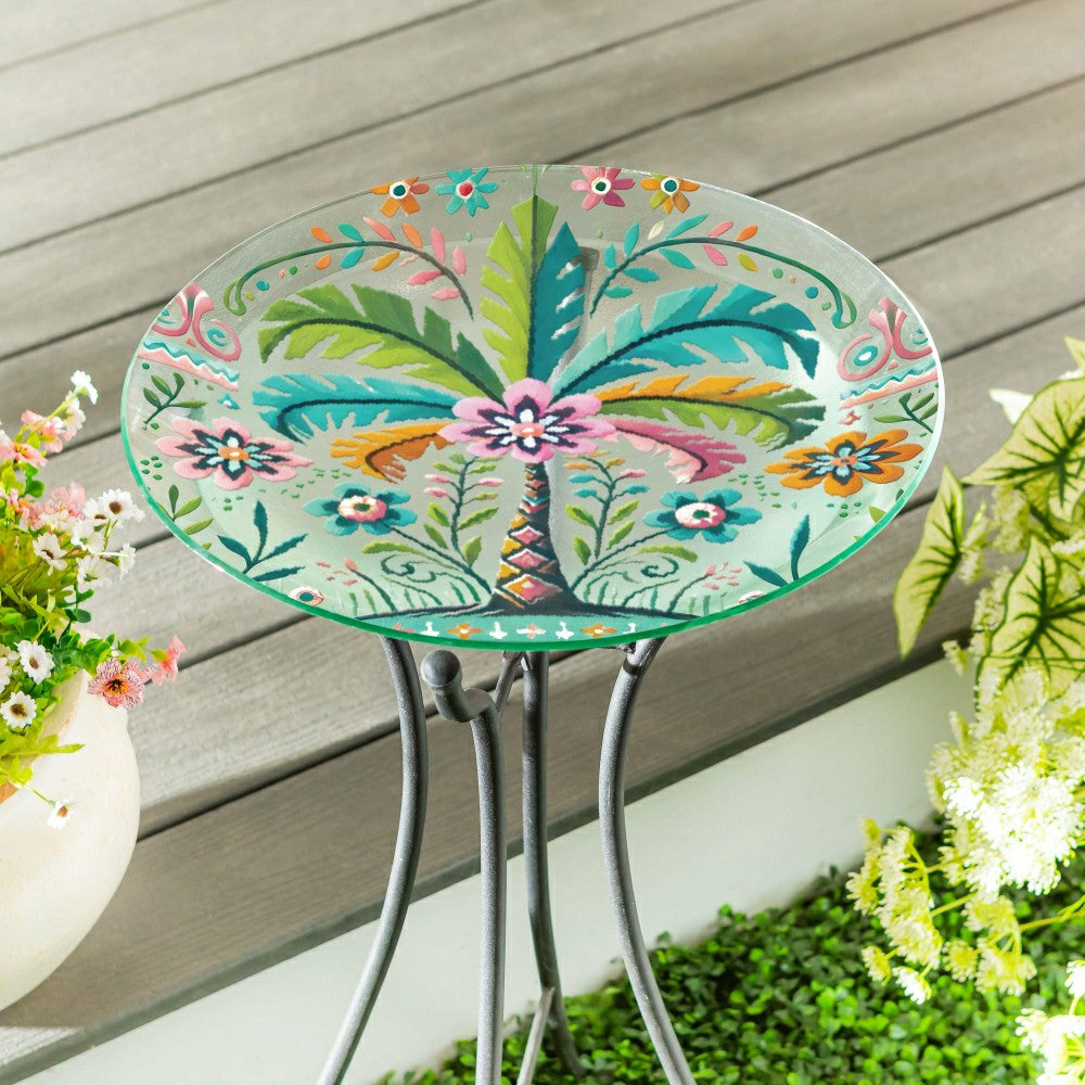 Palm Beach Birdbath, Glass Folk Art Palm Tree, 18" | Plow & Hearth