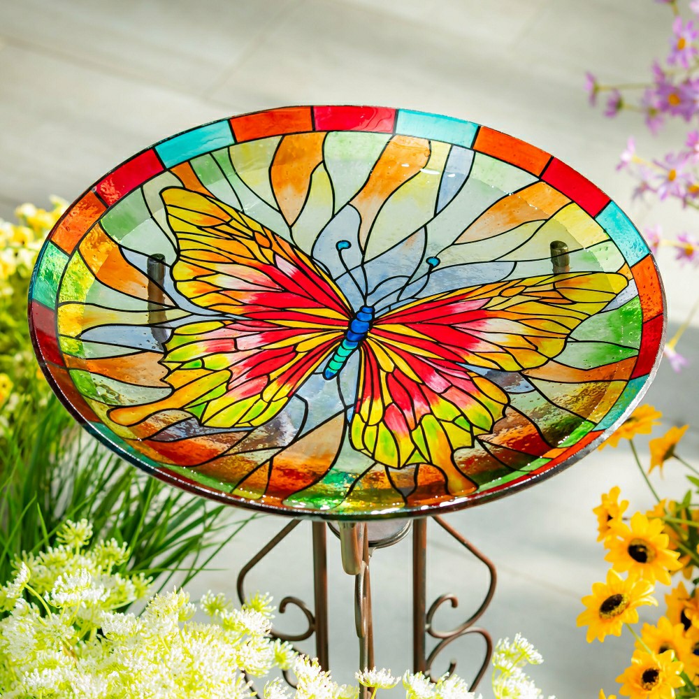 Pollinator Garden Birdbath, Stained Glass Butterfly Birdbath, 18" | Plow & Hearth