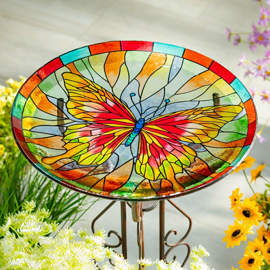Pollinator Garden Birdbath, Stained Glass Butterfly Birdbath, 18" | Plow & Hearth