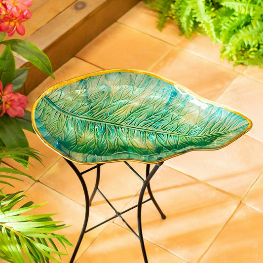 Garden of Wonder Birdbath, Fern Leaf Shaped Glass Birdbath, 18" | Plow & Hearth