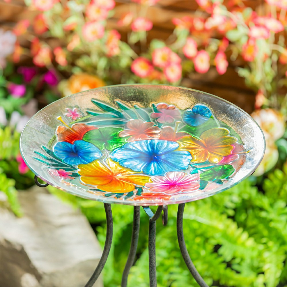 Palm Beach Birdbath, Hibiscus Flower Glass Birdbath, 18" | Plow & Hearth