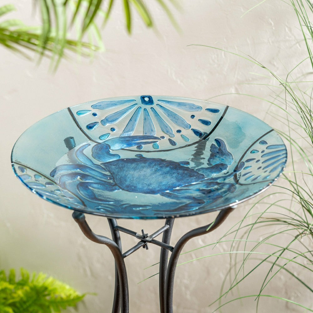 Blue Coastal Birdbath. Blue Crab Glass Birdbath, 18" | Plow & Hearth