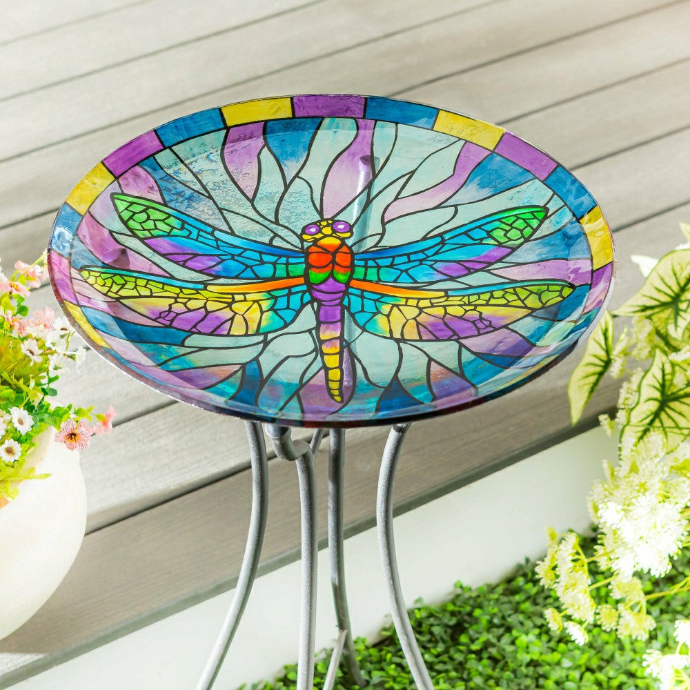 Pollinator Garden Birdbath, Stained Glass Dragonfly Birdbath, 18" | Plow & Hearth