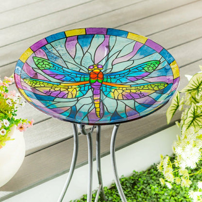 Pollinator Garden Birdbath, Stained Glass Dragonfly Birdbath, 18" | Plow & Hearth