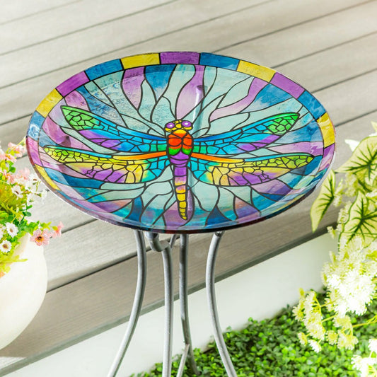 Pollinator Garden Birdbath, Stained Glass Dragonfly Birdbath, 18" | Plow & Hearth