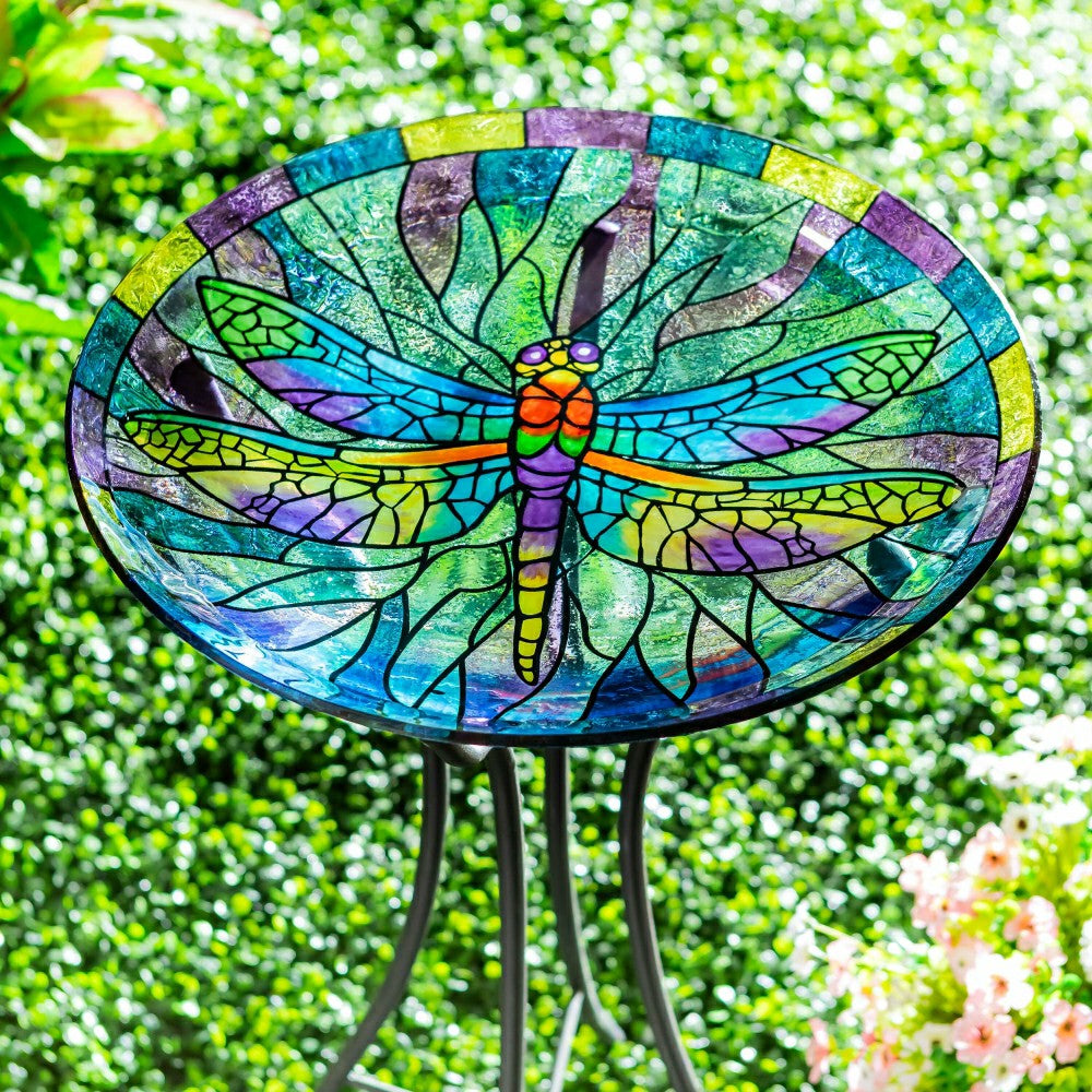 Pollinator Garden Birdbath, Stained Glass Dragonfly Birdbath, 18" | Plow & Hearth