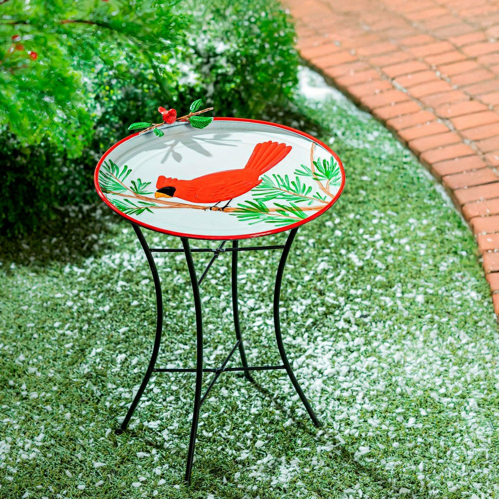 Holiday Poinsettia Birdbath, Metal Birdbath with Stand, Cardinal, 16.5 | Plow & Hearth