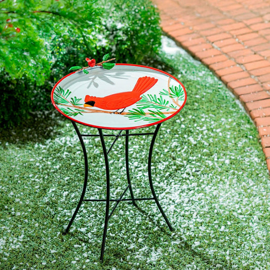 Holiday Poinsettia Birdbath, Metal Birdbath with Stand, Cardinal, 16.5 | Plow & Hearth