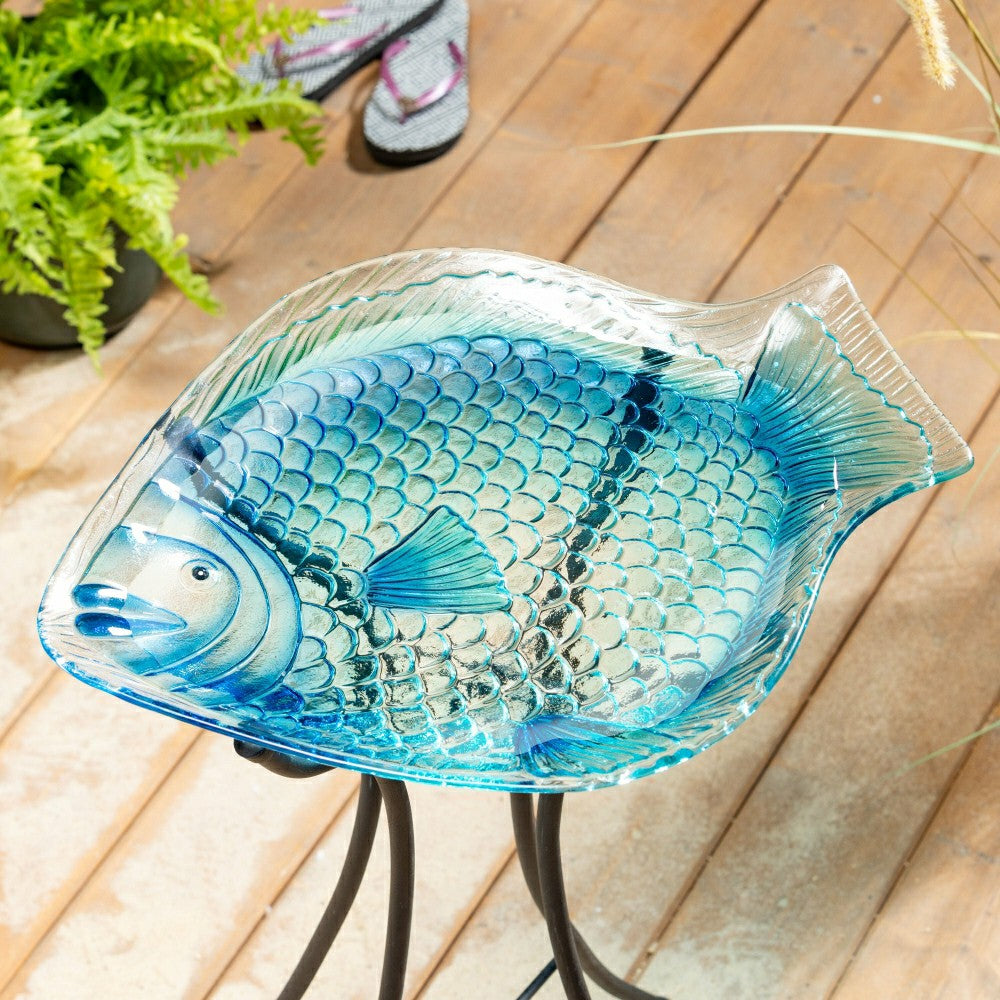 Blue Coastal Birdbath, Blue Fish Glass Birdbath, 18" | Plow & Hearth