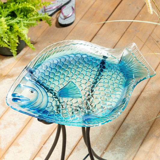 Blue Coastal Birdbath, Blue Fish Glass Birdbath, 18" | Plow & Hearth