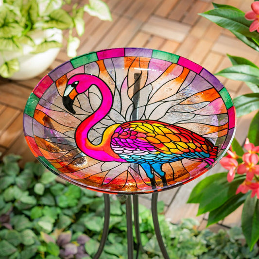 Palm Beach Birdbath, Stained Glass Flamingo Birdbath, 18" | Plow & Hearth