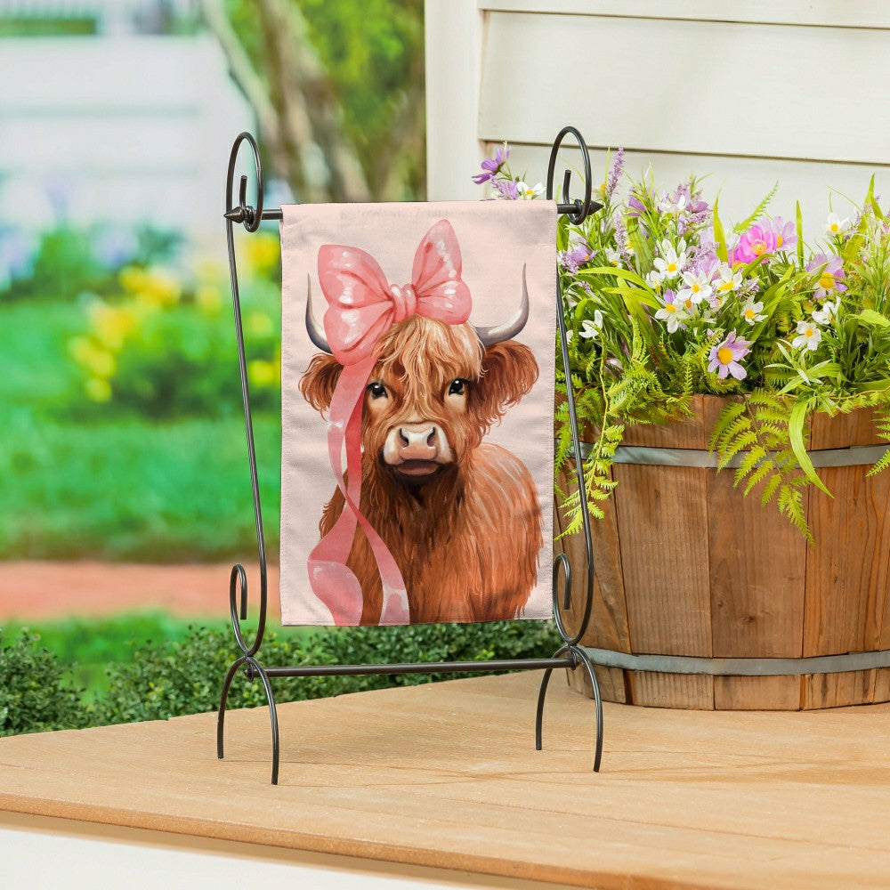 Blossom The Bowtiful Highland Cow Burlap Garden Flag | Plow & Hearth