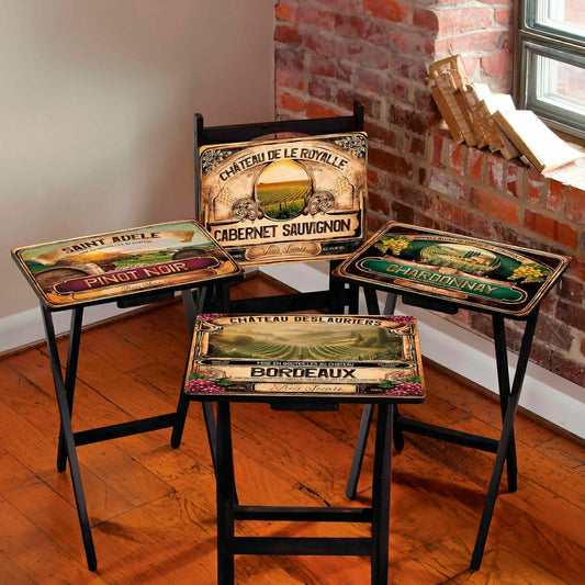 Classic Wine Label Wooden Set of 4 TV Tray Tables with Stand | Plow & Hearth