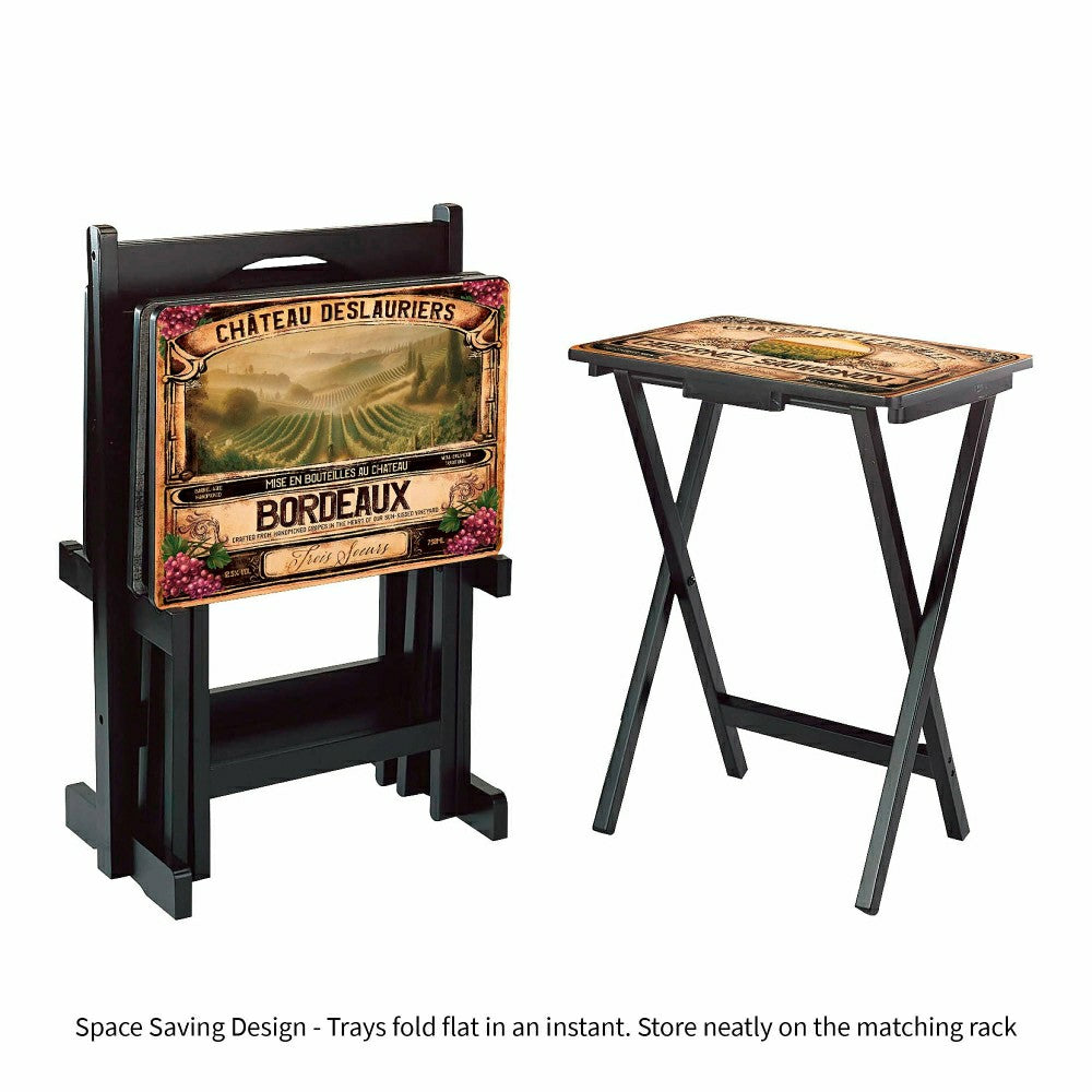 Classic Wine Label Wooden Set of 4 TV Tray Tables with Stand | Plow & Hearth
